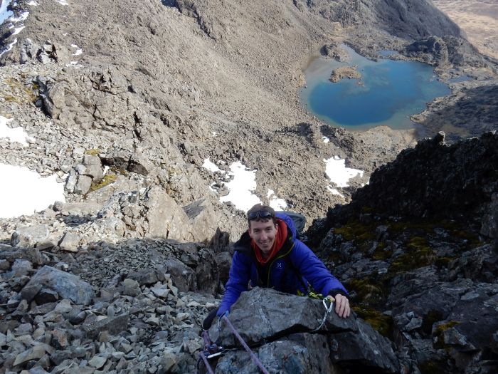 Robert climbing the TD Gap, Cuillin Ridge