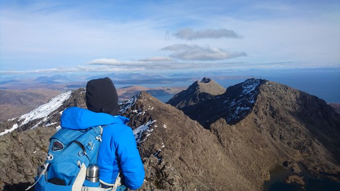 Rona looking back from summit of Sgurr Alistair, Scotland