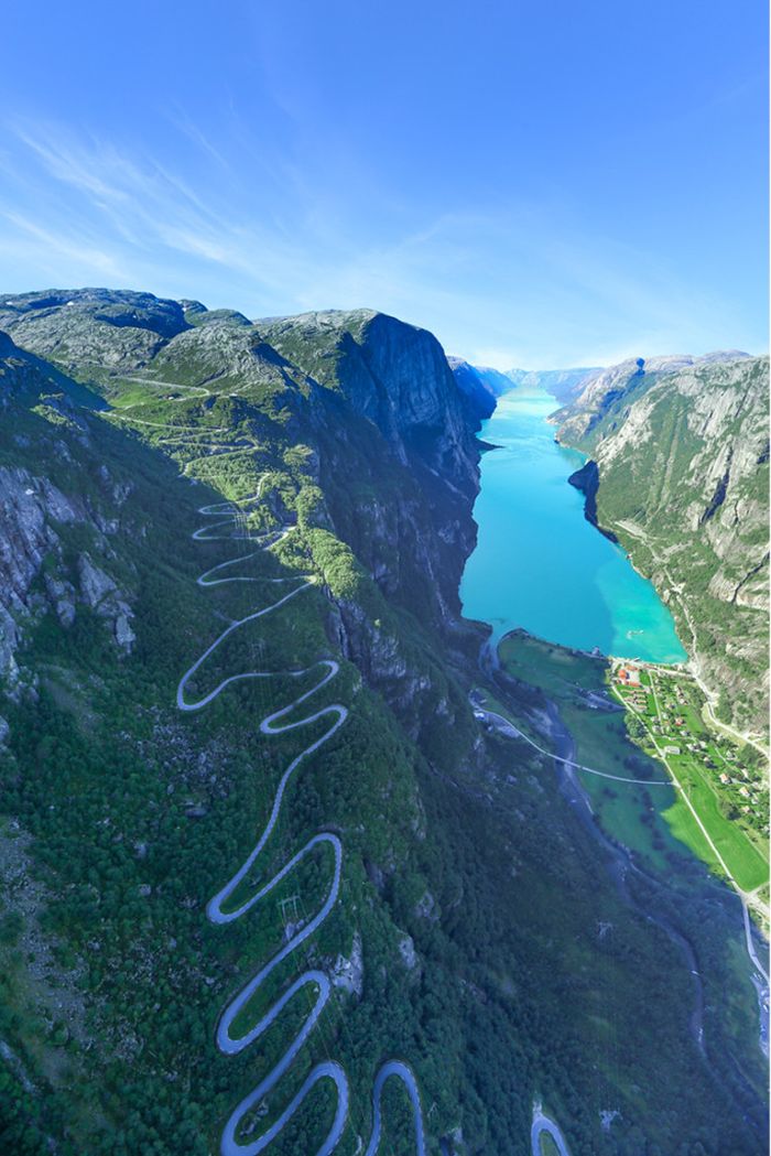 Lysefjord by helicopter shows Norway’s craziest road