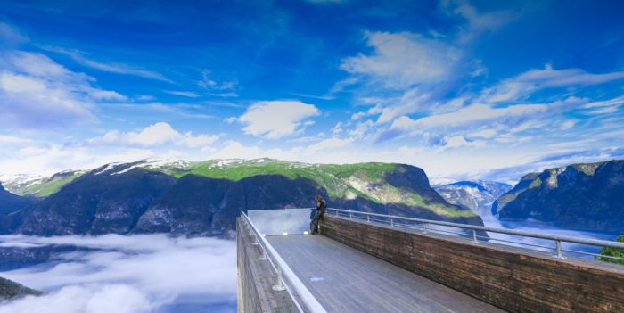 Stegastein Viewpoint with low fog over the fjord