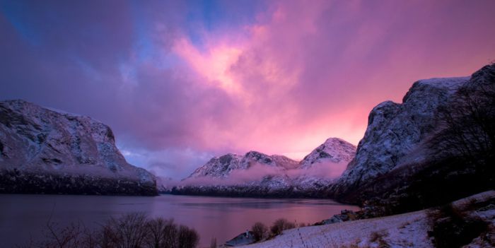 Sunset by the Aurlandsfjord in winter