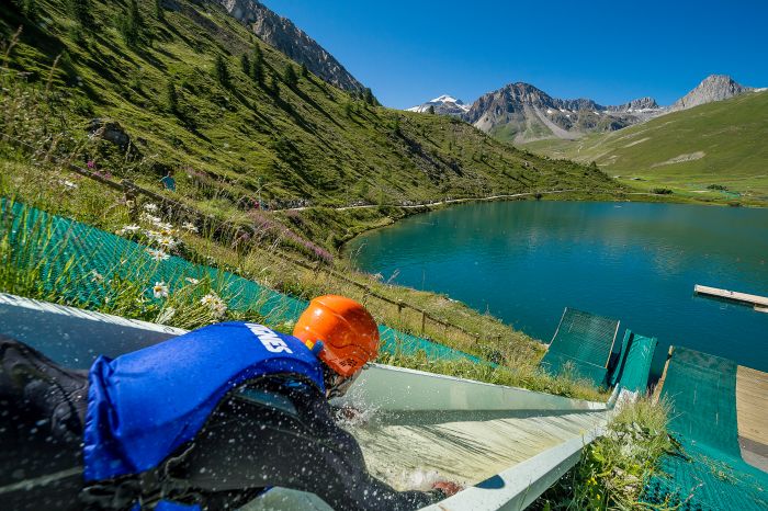 Water slide into Tignes Lake