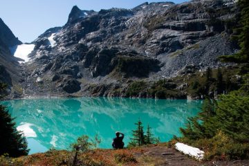 Man sat by glacier lake