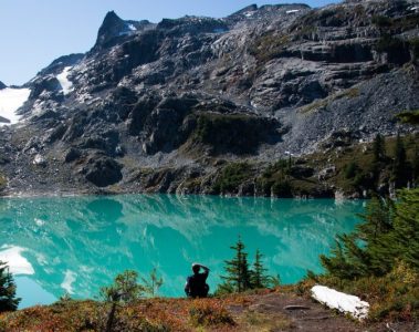 Man sat by glacier lake