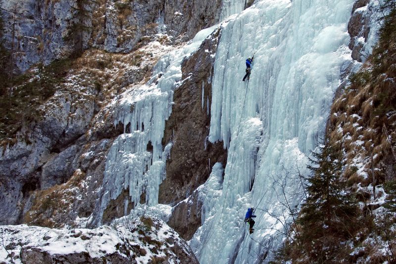 Ice climbing a watefall