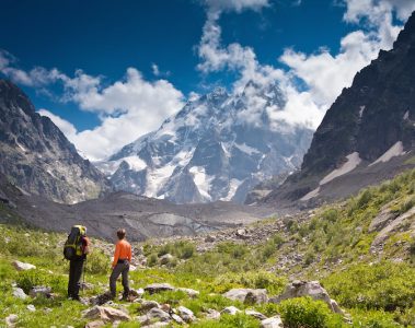 Hiking through mountains