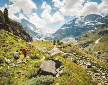 Walkers on the alpine passes trail with the Turtmann glacier in the distance