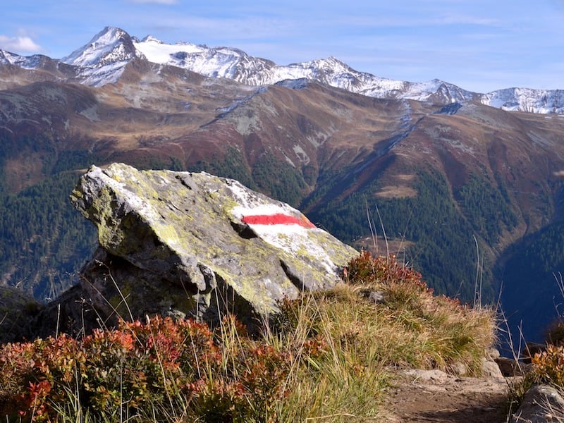 A waymark on the Slovenian Mountain Trail, a long-distance path considered to be one of the more remote hiking trails in europe. 