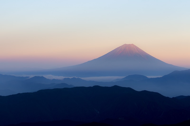 view from Mount Hirogawara at sunrise with mount Fuji in the distance