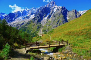 Mont Blanc alpine landscape meadow and pinnacles, Aosta Valley - Courmayeur, Italian Alps