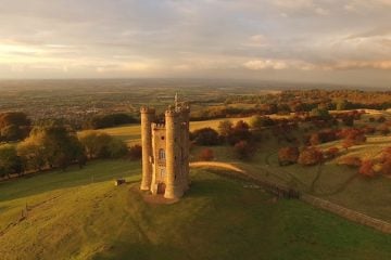 An aerial view of Broadway Tower in autumn