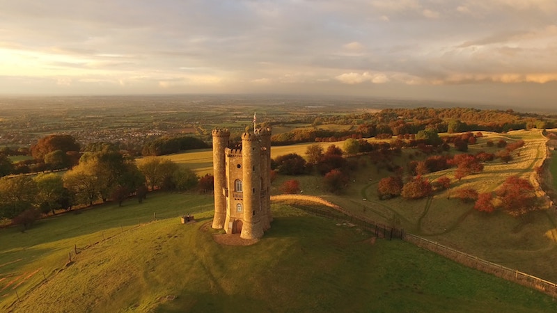 An aerial view of Broadway Tower in autumn