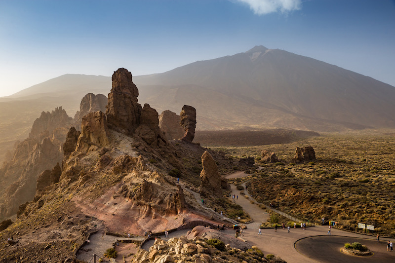 Aerial View of Roques de Garcia in front of Mount Teide Summit, Tenerife, Spain, Europe