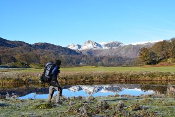 The Langdale Pikes reflected in River Brathay on the Cumbria Way