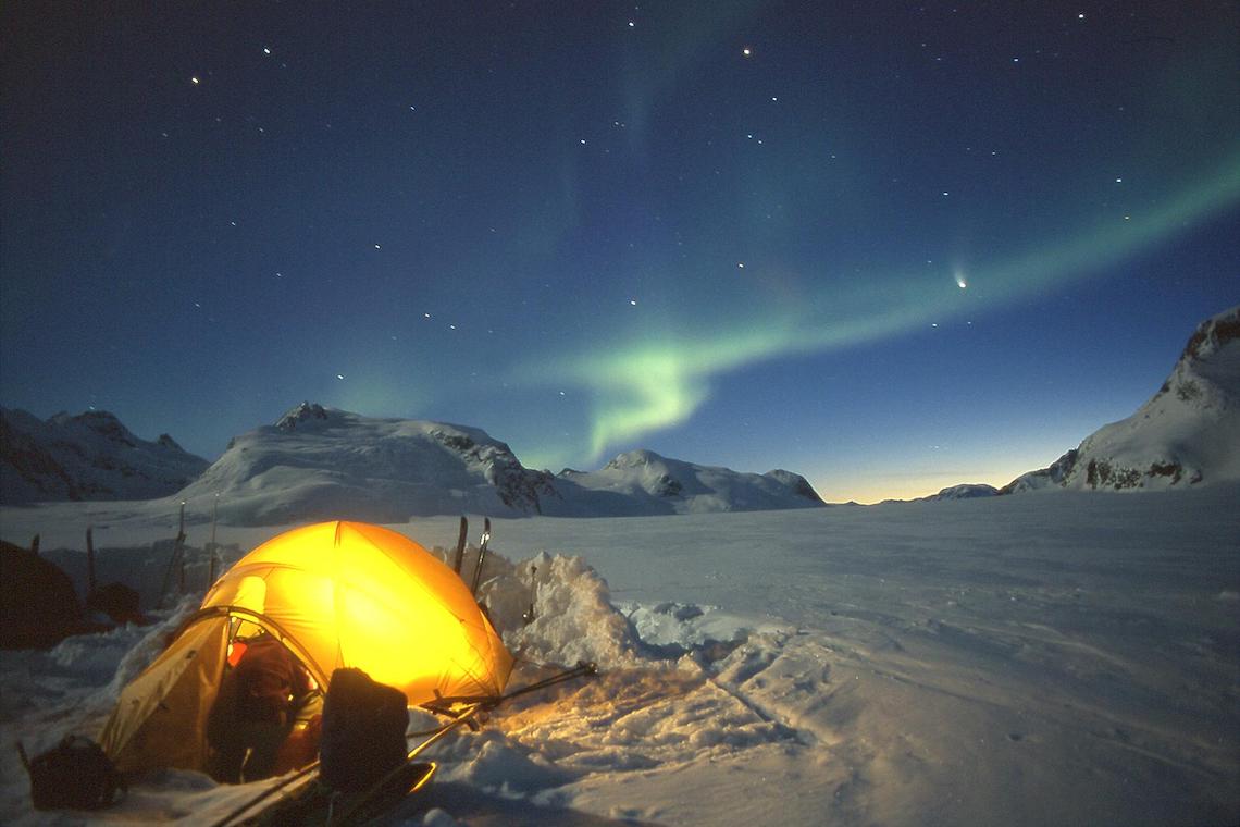 wilderness camping northern lights in east greenland