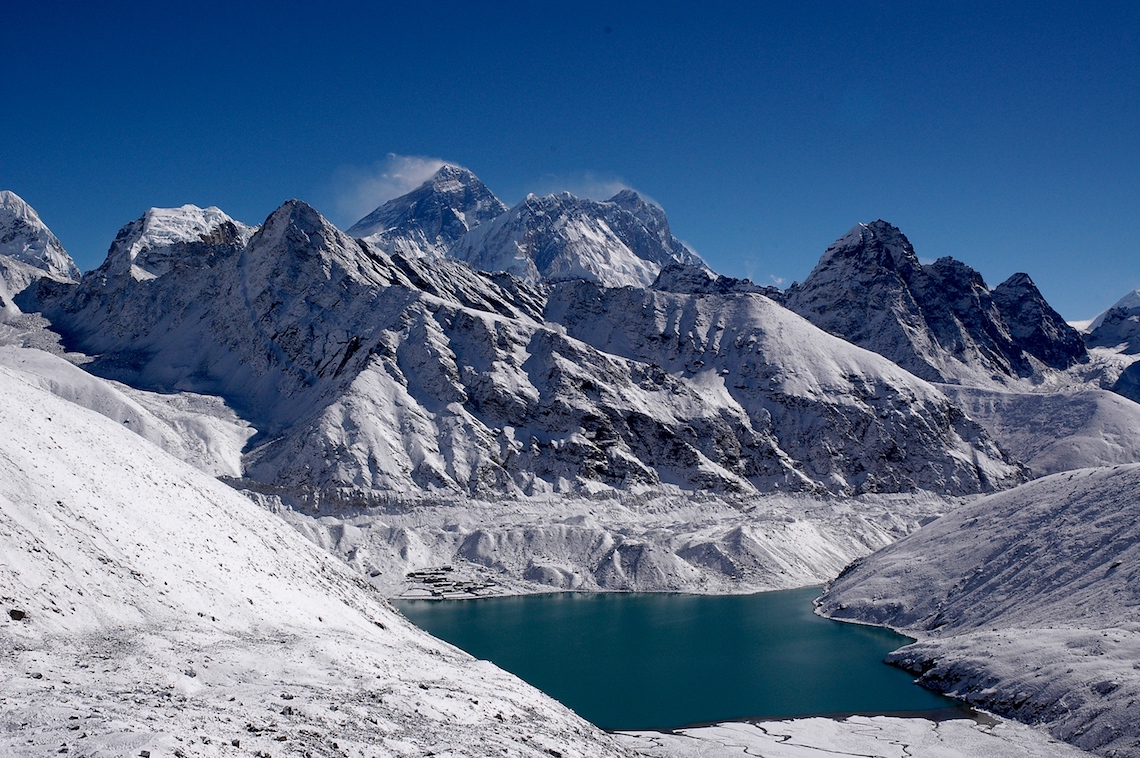 Mount Everest and Gokyo lake from the Renjo la Pass 