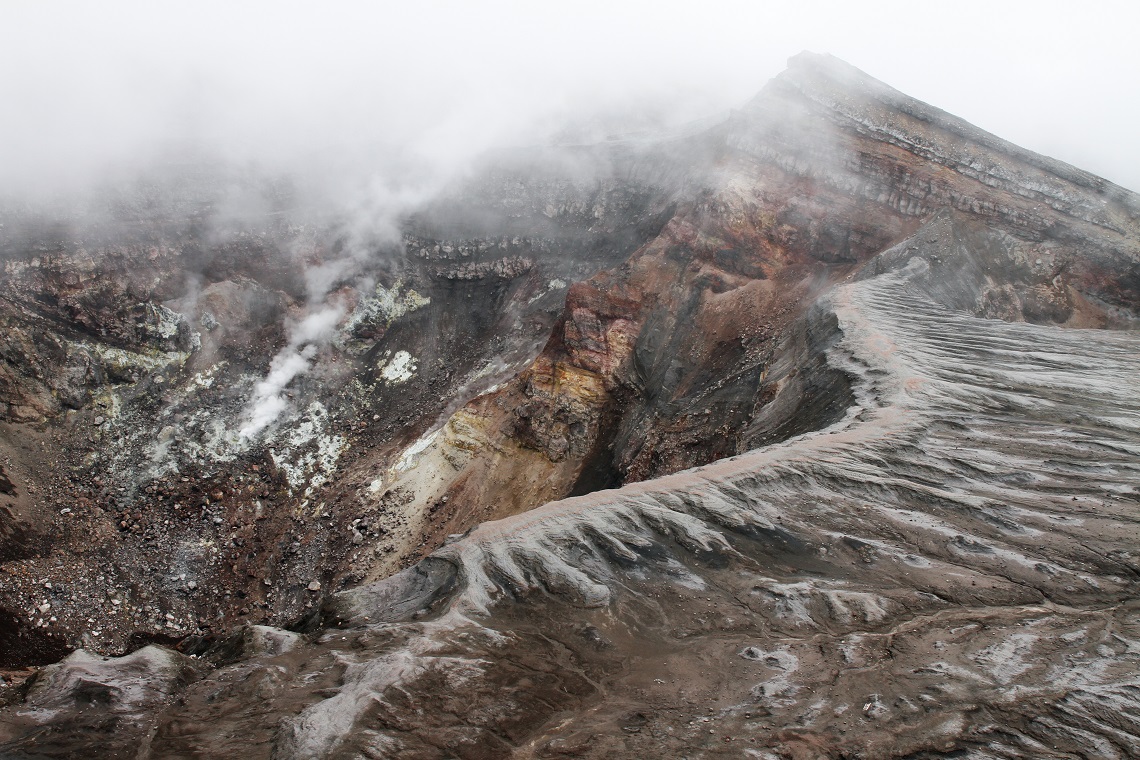Active crater with fumaroles, Gorely volcano, Kamchatka, Russia