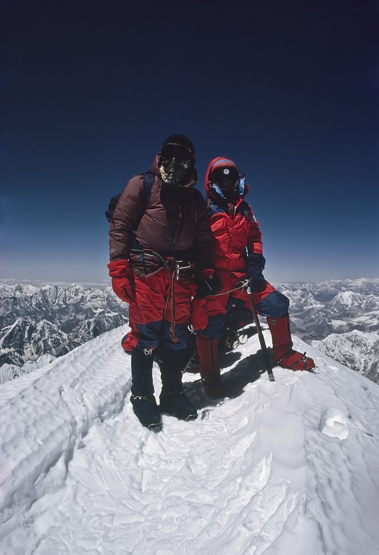 Chris Bonington, left, and Ang Lhakpa summit Everest 1985