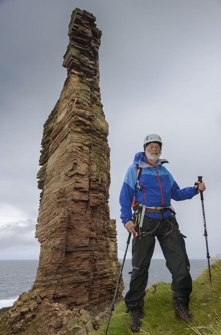 Sir Chris Bonington prepares to climb the Old Man of Hoy in 2014 (photo credit - Berghaus)