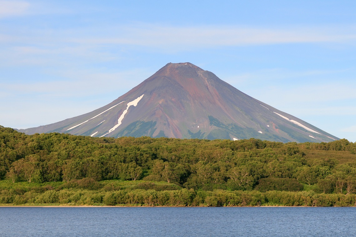 Ilyinsky volcano, viewed from camp across Kuril Lake, Kamchatka, Russia