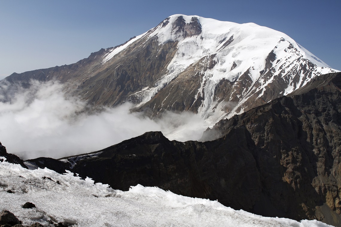 Looking across Plosky Tolbachik crater to Ostry Tolbachik peak